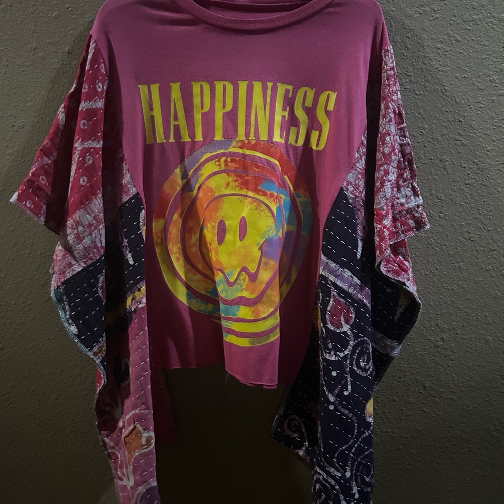 Pink Happiness Graphic Poncho Top. Up cycled with kantha material.
